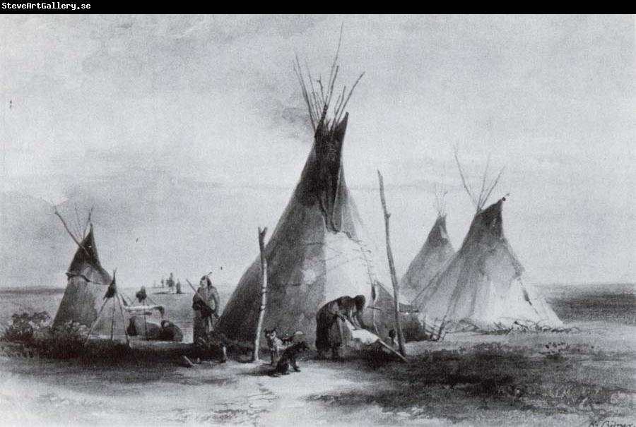 Karl Bodmer Lederzelte der Assiniboins nabe Fort